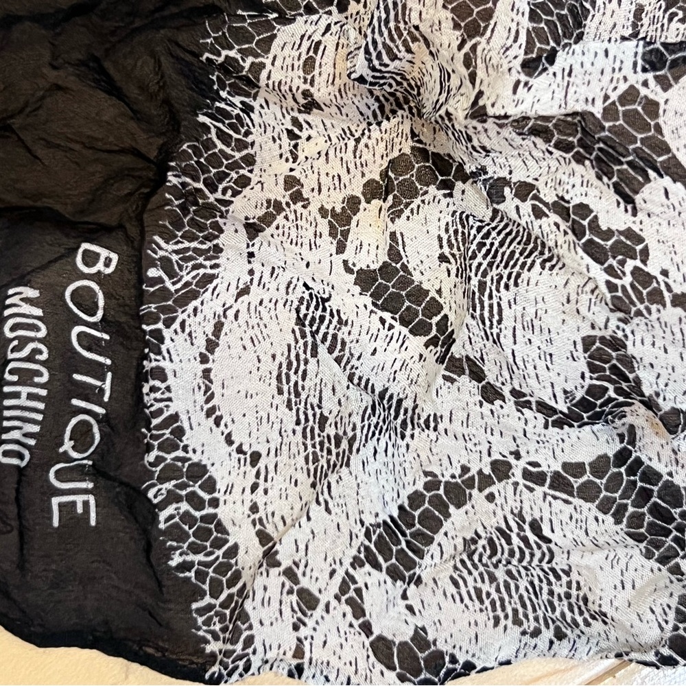 Boutique Moschino Black & White Lace Print Silk Scarf